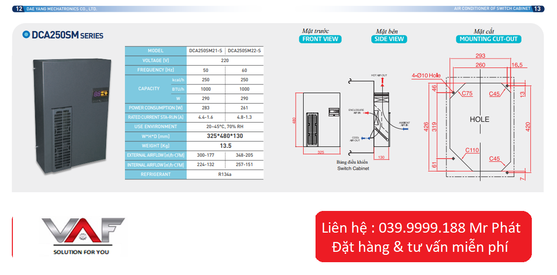 Thông số kỹ thuật điều hòa tủ điện DCA250SMSERIES daeyang